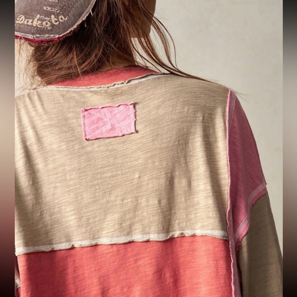 Boho cotton V neck color block blouse - Picture 4 of 8